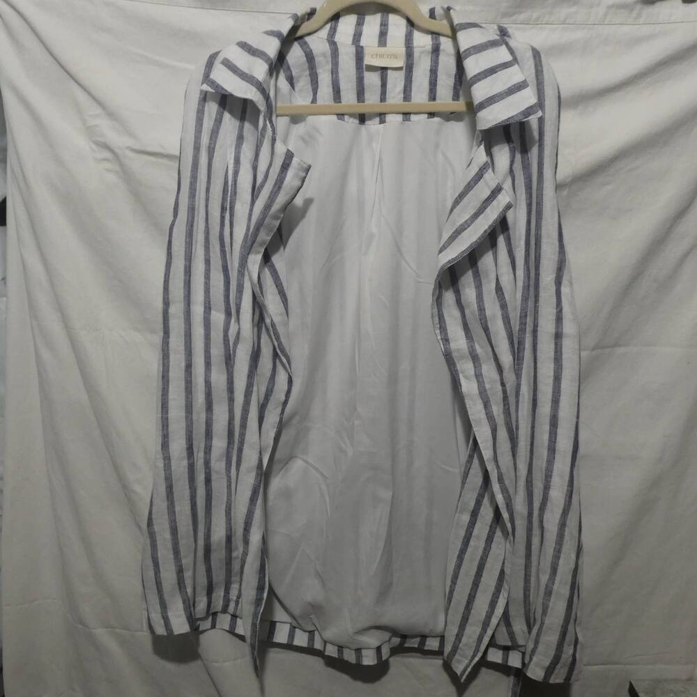 Chicos Large Sleeveless Cardigan Vest Blue‎ and White Belted MISSING SIZE TAG